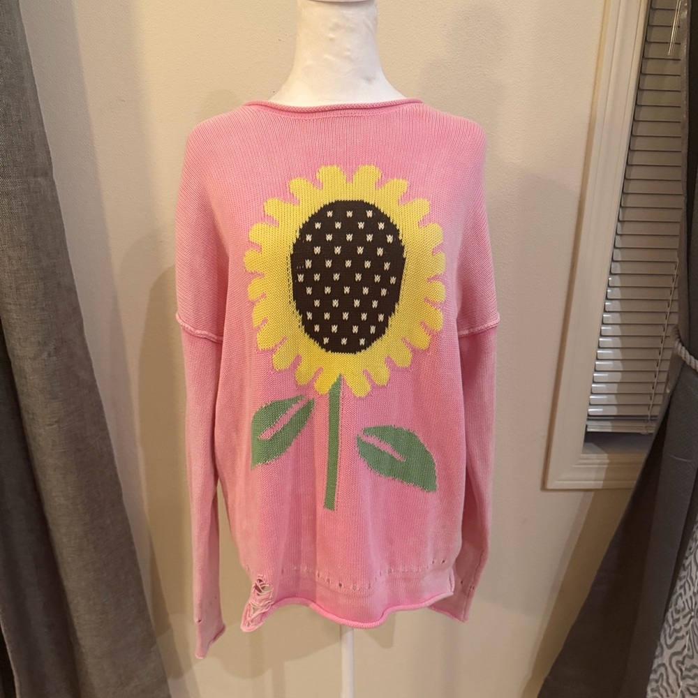 🌻 Wildfox Sunflower Sweater | Pink Distressed Knit Pullover